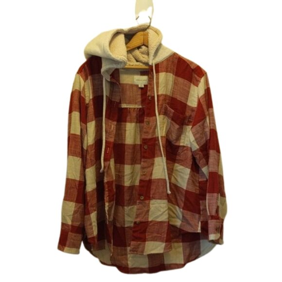 American Eagle Outfitters Tops - American Eagle Size L Red White Plaid Plush Hood Button Down Shirt Shacket